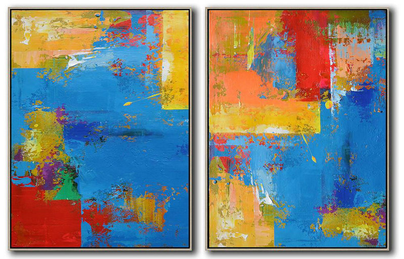 Large Abstract Painting On Canvas,Set Of 2 Contemporary Art On Canvas,Large Wall Art Canvas Blue,Red,Yellow